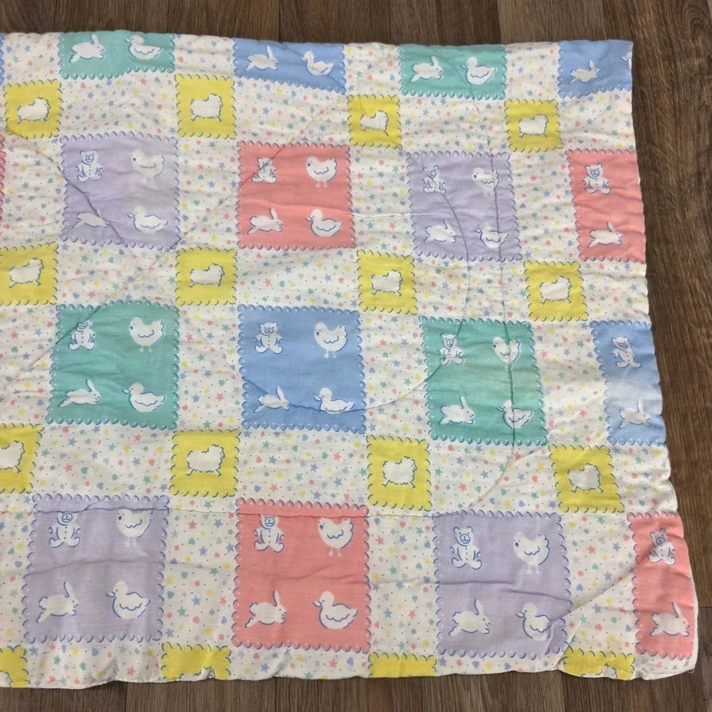 Vintage Pastel Baby Blanket Patchwork Bunny Bear Lamb Duck Nursery 33x40